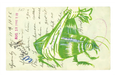 Mark-Mothersbaugh,-Untitled,-May-1,-2003,-ink-on-vintage-postcard_GRASSHOPPER by Zac Dunn | Art by Mark Mothersbaugh & Daniel Whittington