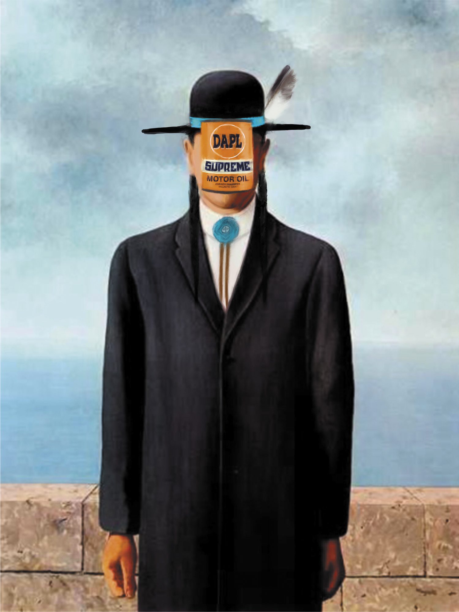 Gregg Deal, version of Son of Man by René Magritte, created during NoDAPL on Standing Rock (2016)