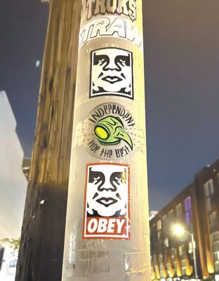 Tony Hawk x Mark Mothersbaugh collaboration for independent trucks between shepard fairey's obey giant, photo courtesy of mark mothersbaugh