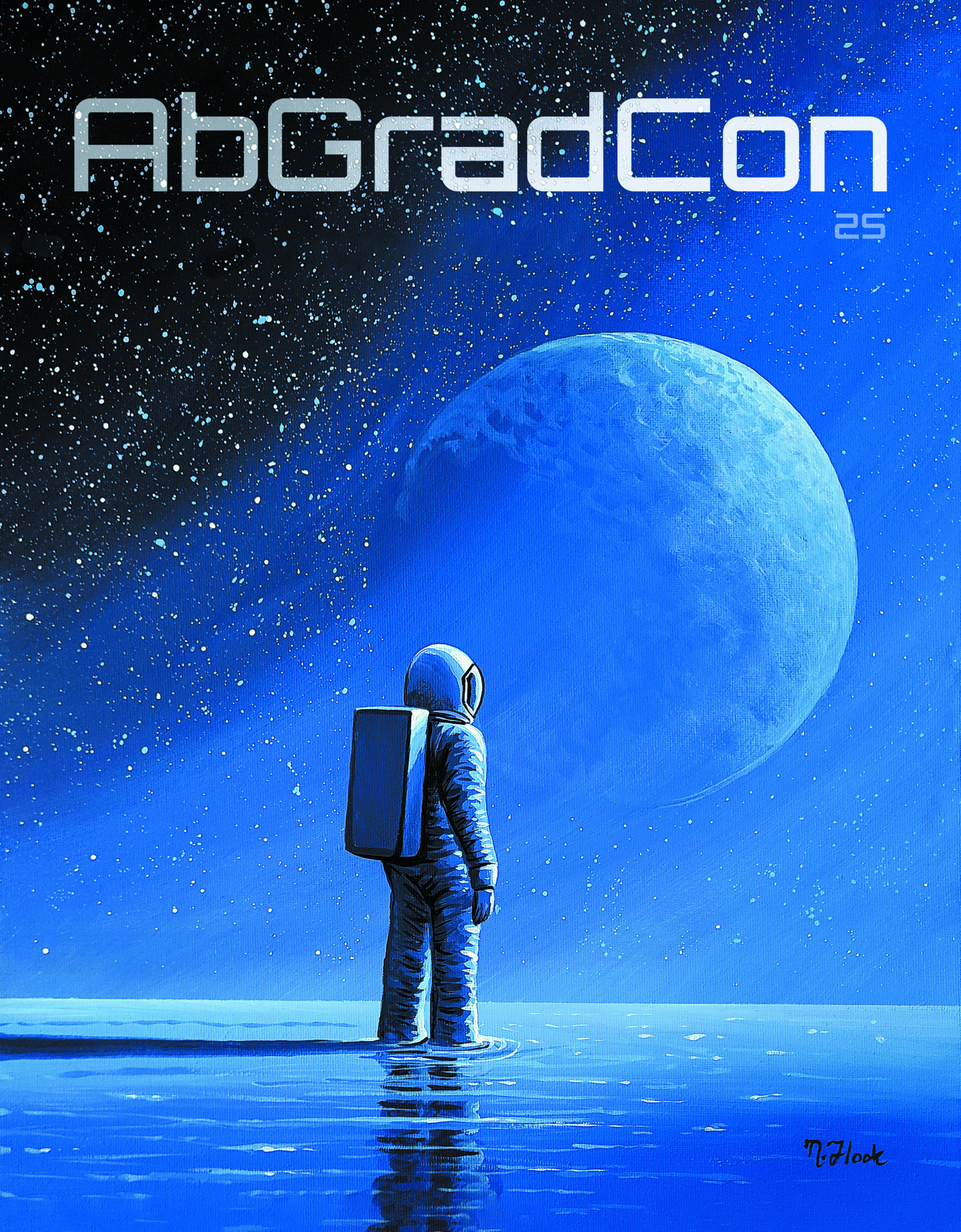 Space oil painting showcasing a beautiful blue starry night sky with larger moon and astronaut staring upward into beaming light. In partnership with 2025's Astrobiology Graduate Convention, this special edition of Birdy was made with support by NASA.