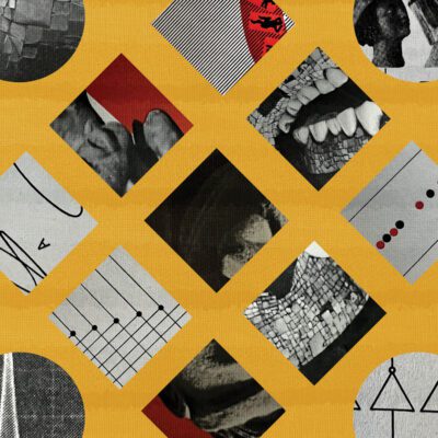 Geometric album art for Rit by Entrancer, featuring a collage of grayscale textures, red accents, and sharp lines arranged on a golden-yellow grid.