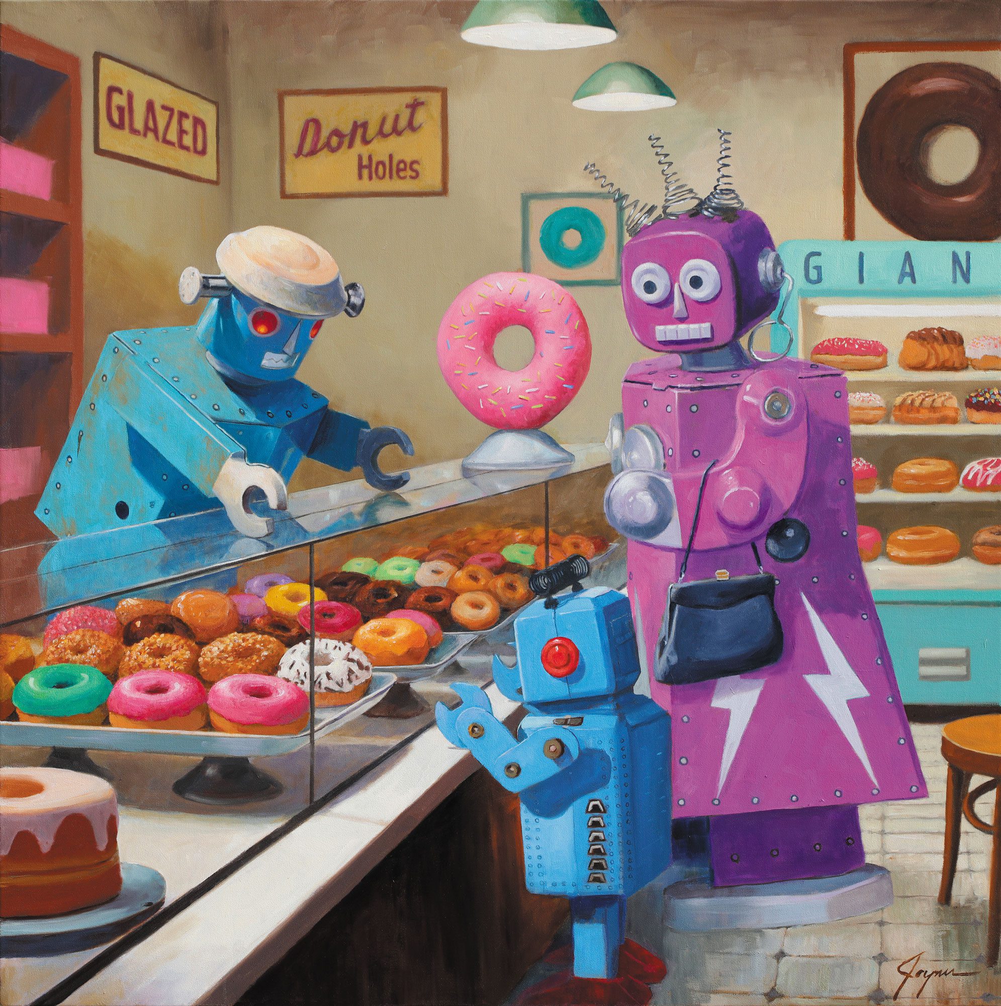 Whimsical painting by Eric Joyner of a robot family buying donuts in a retro-style donut shop, featured in Birdy Magazine