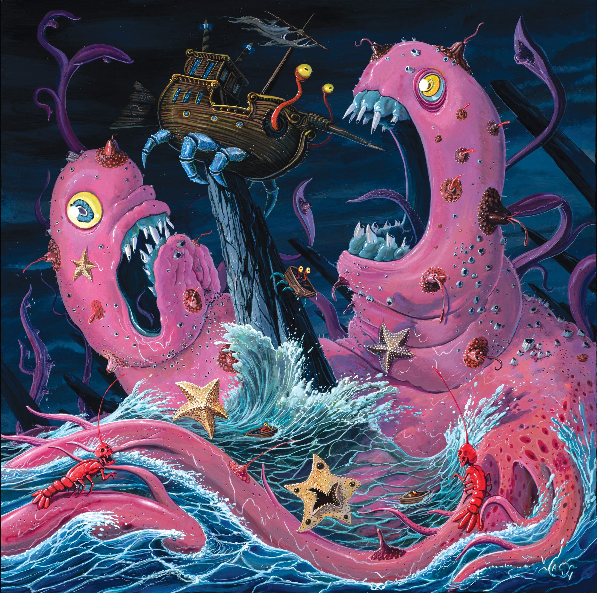 Two sea creature beasts covered in mammaries are attacking a ship to eat that is also a creature.