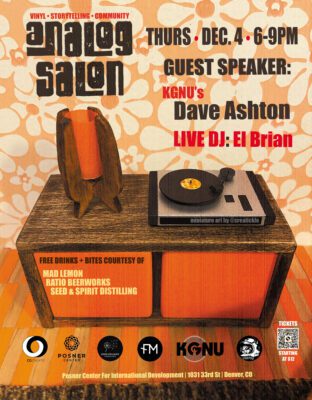 A vinyl, storytelling and community event in Denver, Colorado called Analog Salon. This design features a miniature scene a record player on a 70s era table created by Portland artist Creatickle